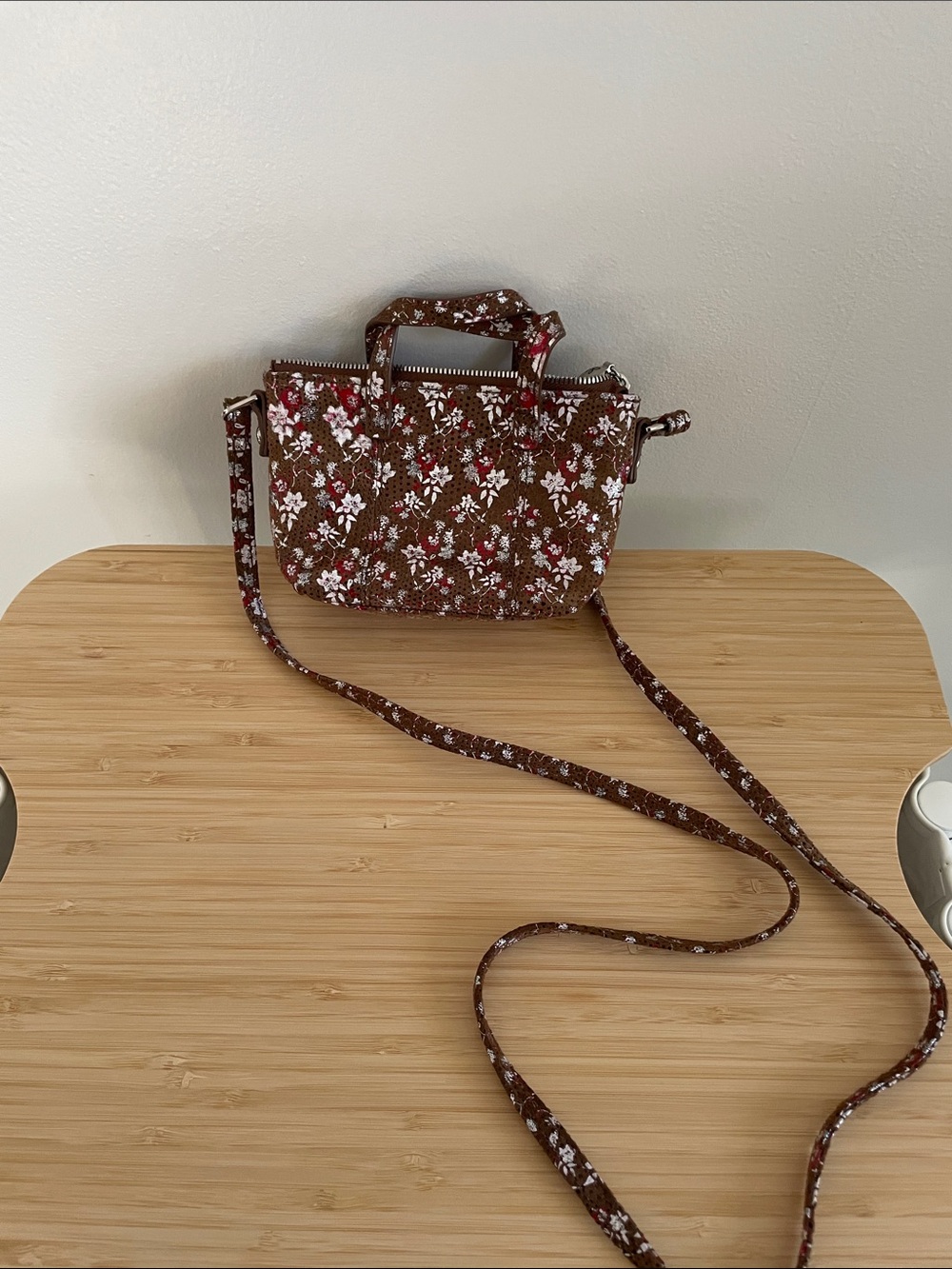 HOBO -Mini Brown Floral Crossbody with Top Handle and Removable Strap